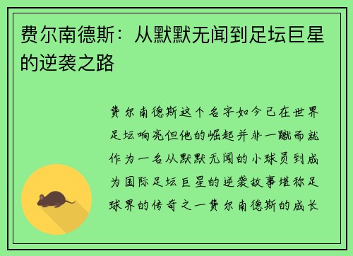 费尔南德斯：从默默无闻到足坛巨星的逆袭之路
