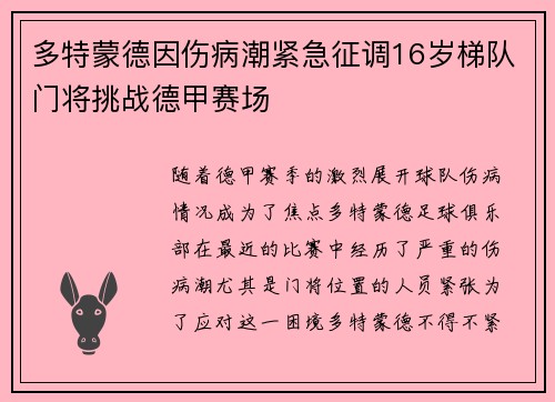 多特蒙德因伤病潮紧急征调16岁梯队门将挑战德甲赛场