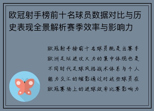 欧冠射手榜前十名球员数据对比与历史表现全景解析赛季效率与影响力